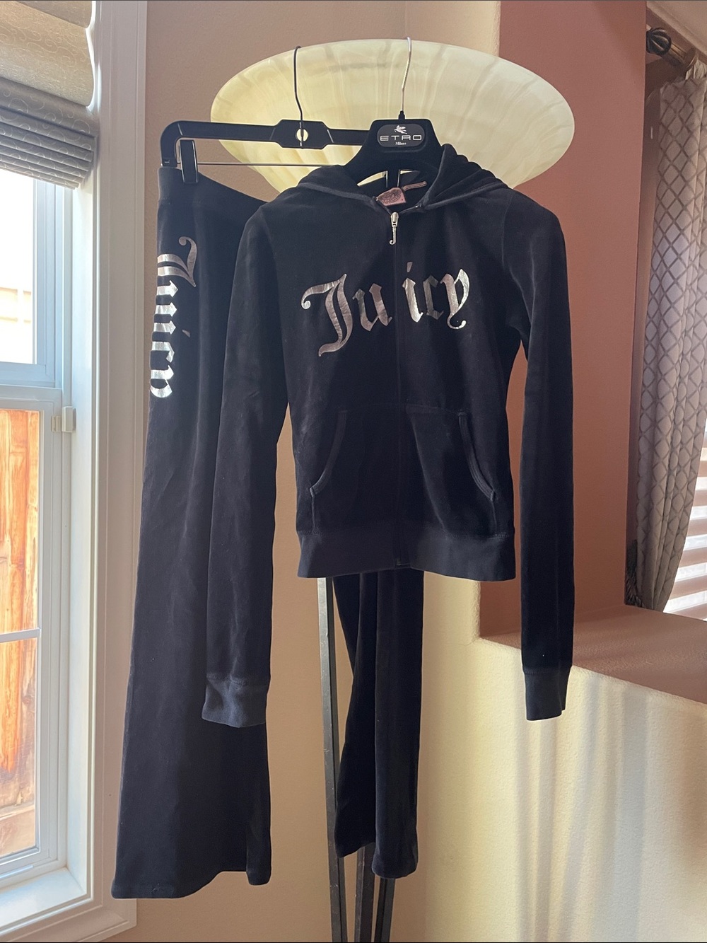 Vintage Juicy Couture Black Velour Track Pants & Hoodie Set with Silver Logo